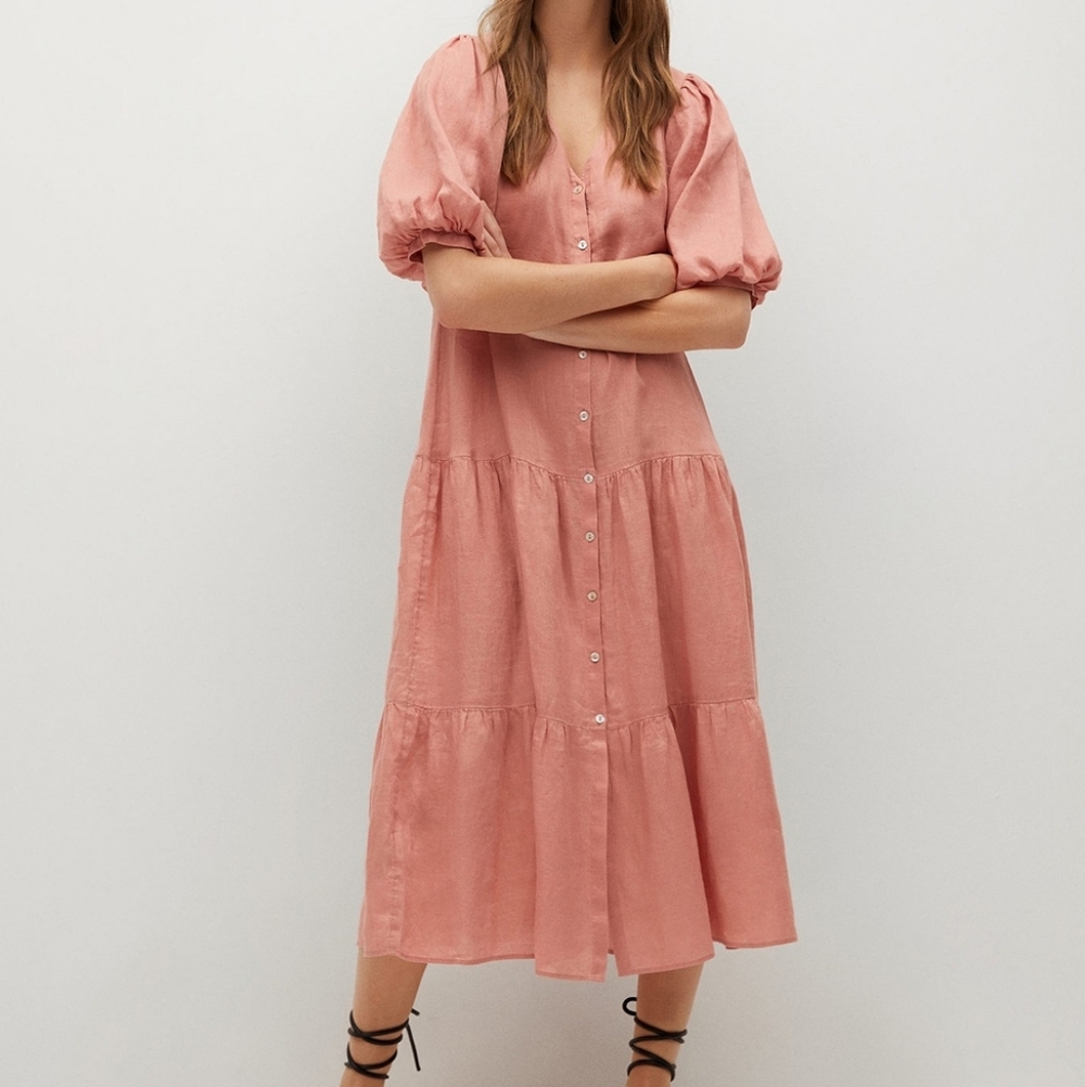 Mango Free Day Linen Maxi Pink Coral Puff Sleeve Button Front Dress Size Small